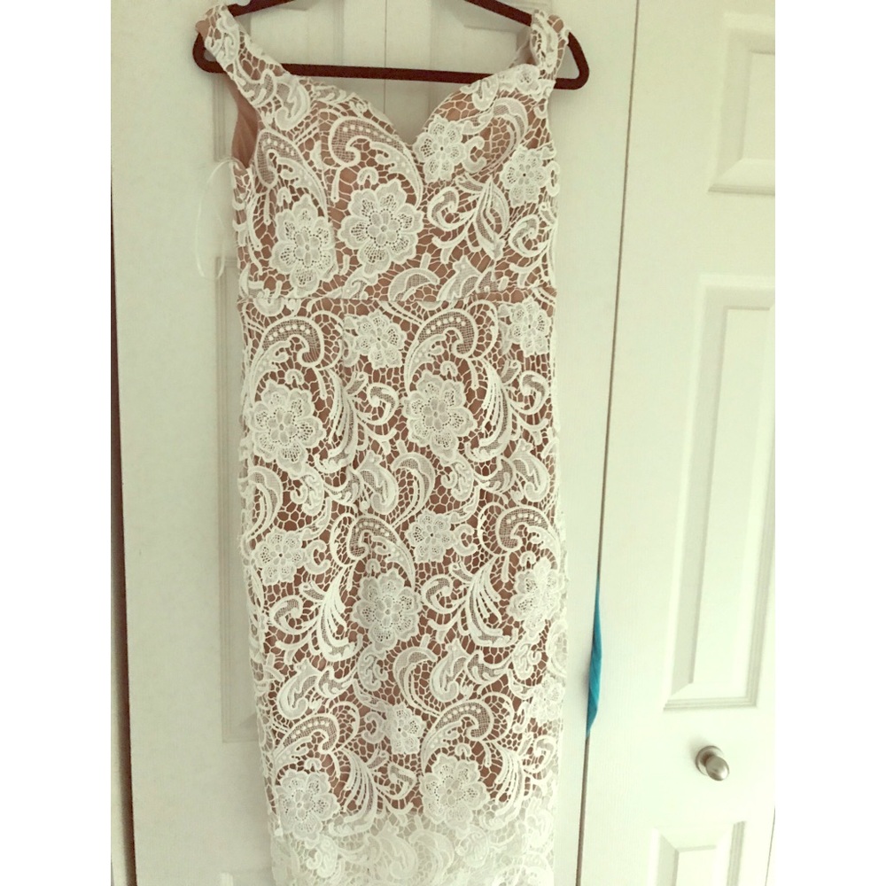 White/Nude Off the Shoulder Lace Midi